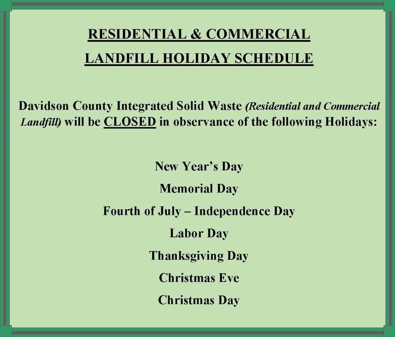 ISW LANDFILL HOLIDAY SCHEDULE